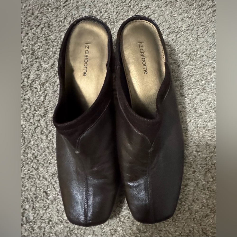 Liz Claiborne  LUCY leather heeled open back slide shoes brown Size 9